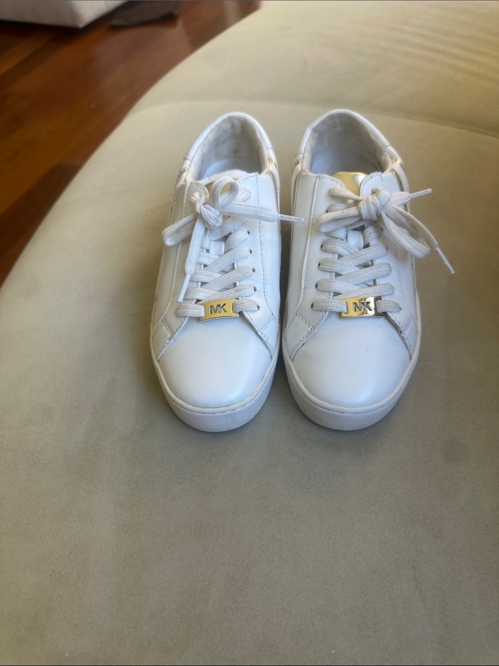 Michael Kors White Leather Kids Lace-Up Sneakers with Gold MK Accent